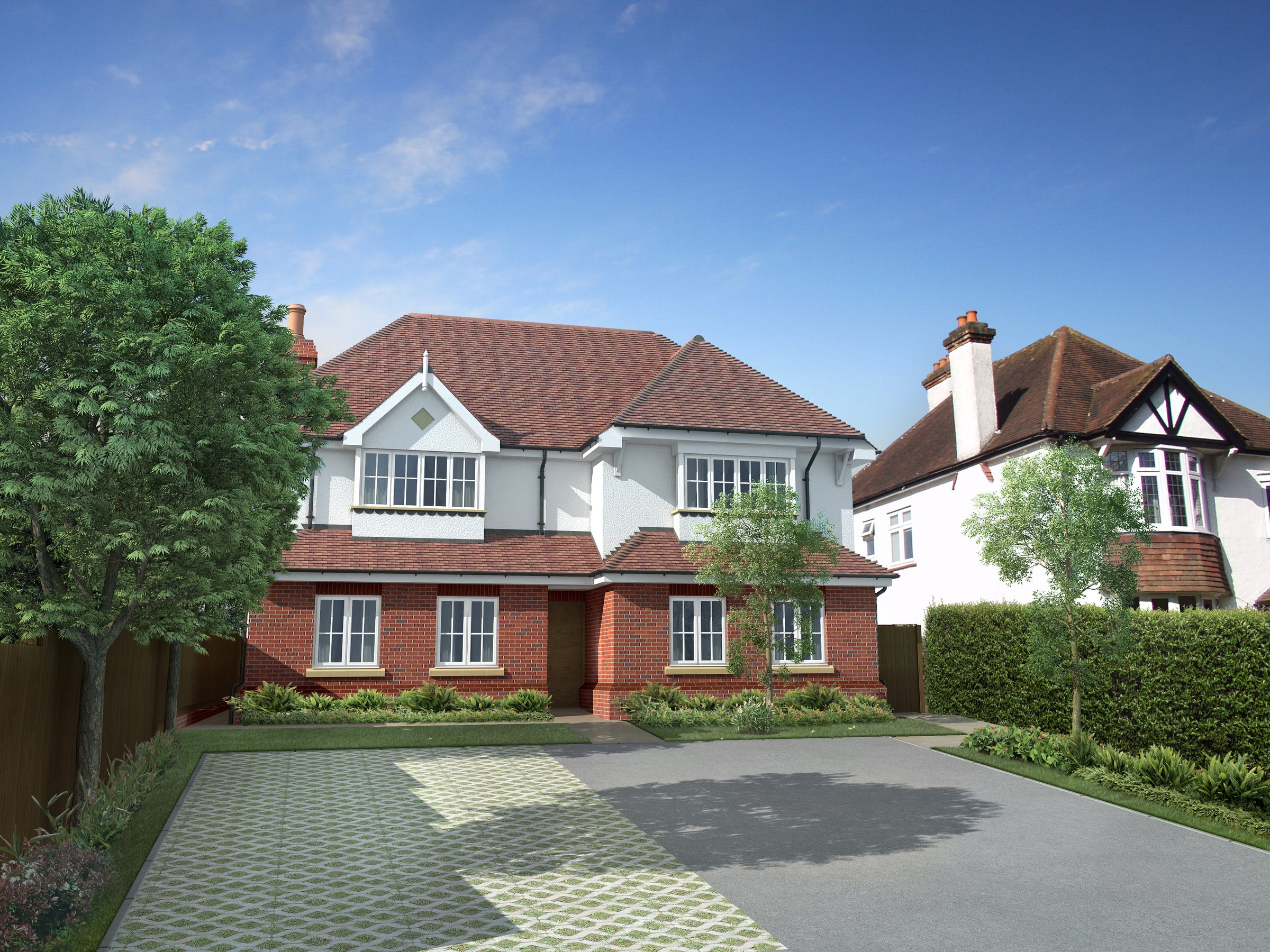Design visualisation of the seven-flat building at 59 Addington Road, red brick below white render and a clay-tiled hipped roof