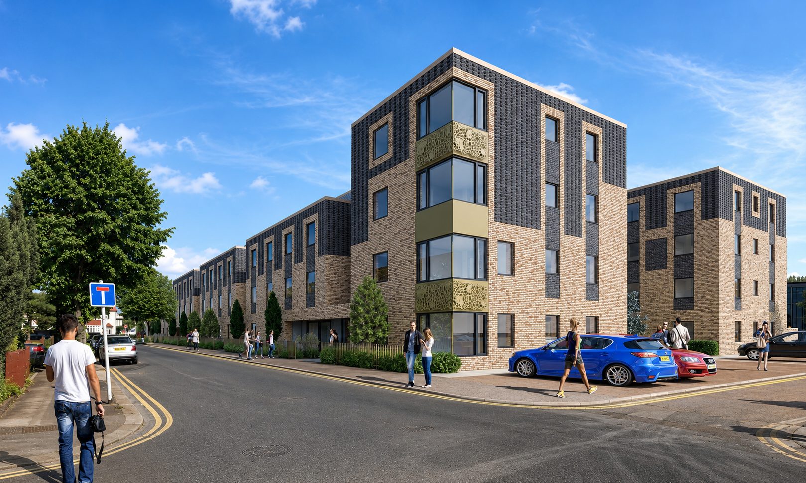 Courtyard elevation at Carnarvon Road with balconies, parked cars and a paved walkway