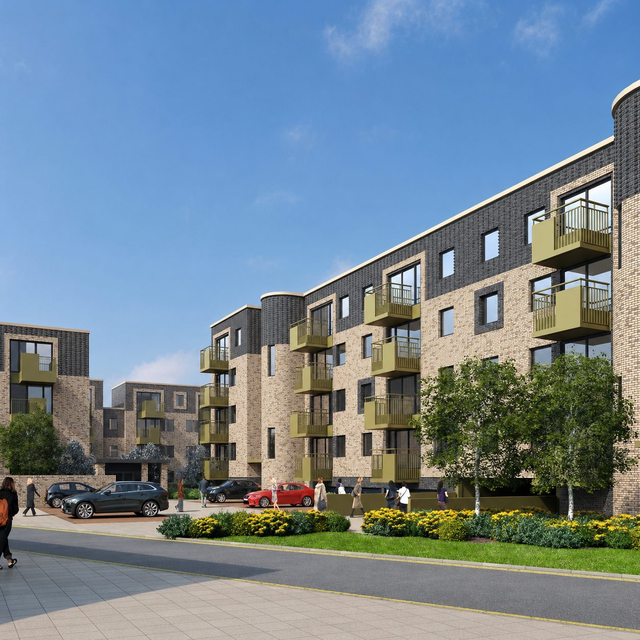 Wide view of the landscaped courtyard at Carnarvon Road, balconies along a curved corner block above flower beds