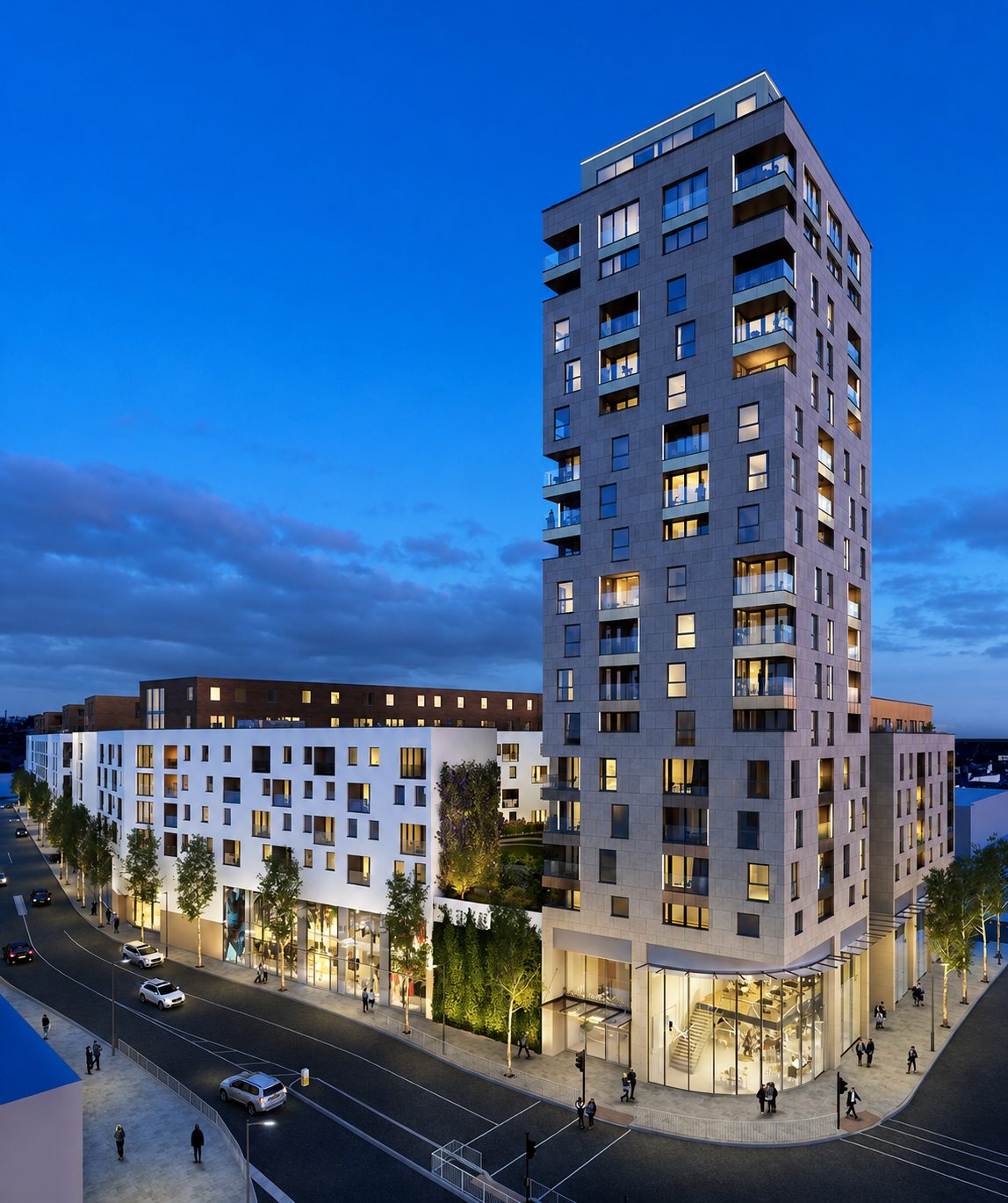 Everly House at dusk, its stone-toned tower rising above the lit retail podium of The Northern Quarter, Colindale
