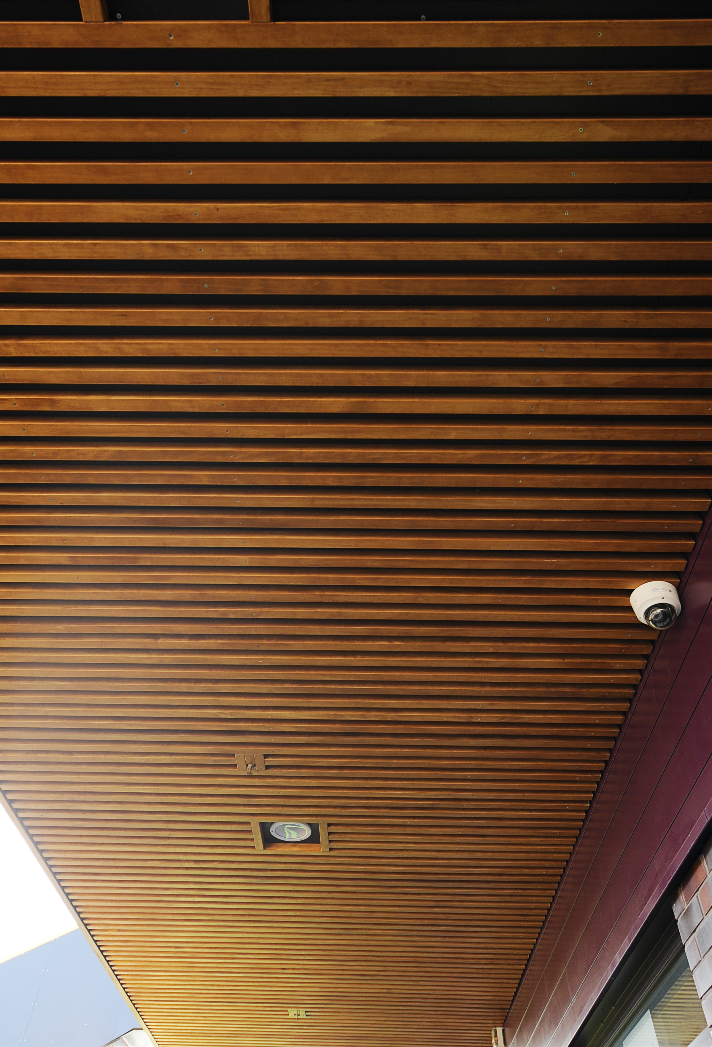 Timber-slatted canopy soffit with a downlight, meeting purple cladding and brickwork at the edge of Plumcroft Primary School's Vincent Road Campus