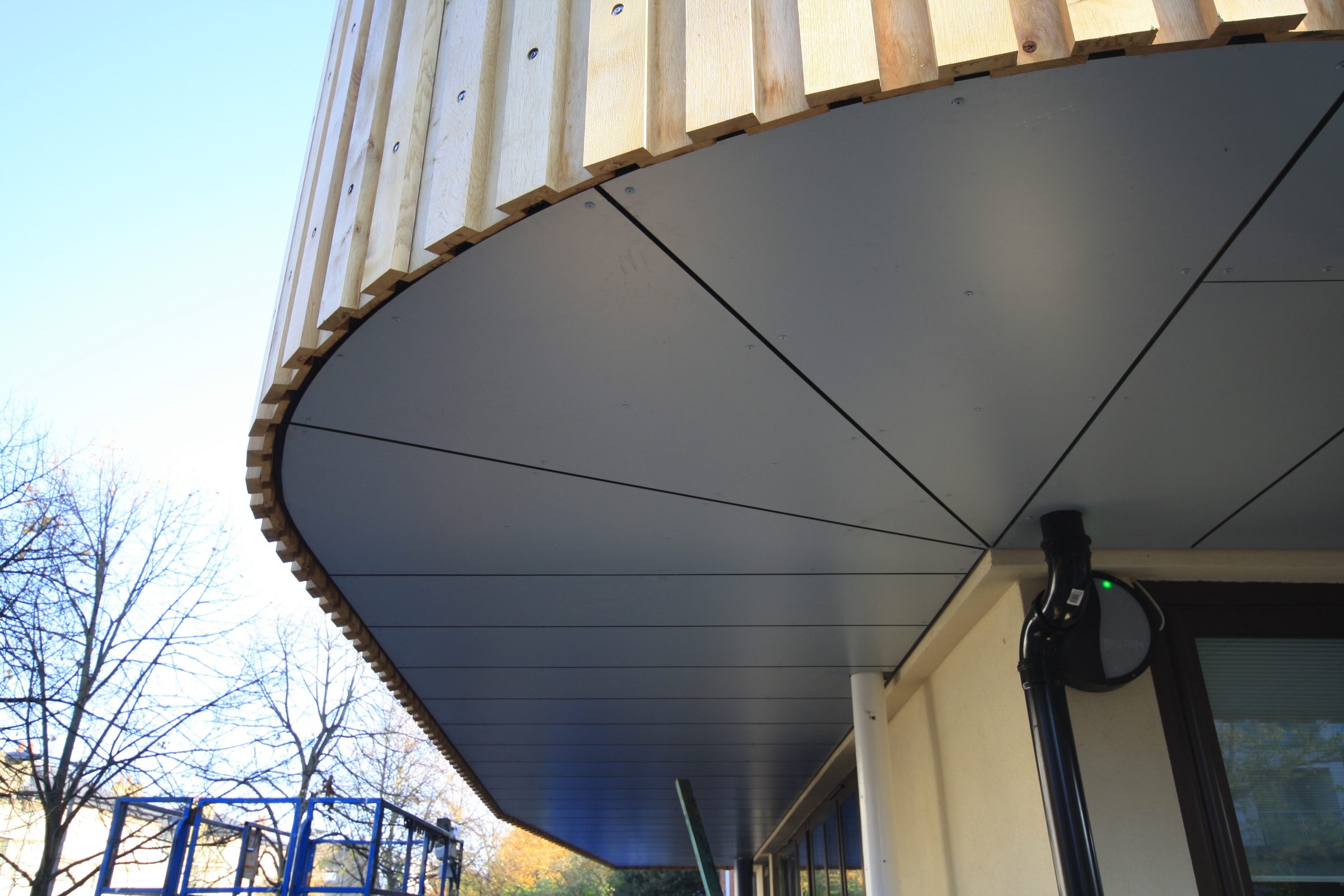 Curved canopy soffit at Putney High School's Performing Arts Centre, seen from below, with vertical timber battens above the roof edge