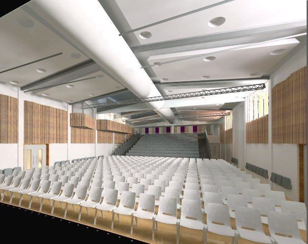 Design visualisation of the auditorium interior at Putney High School's Performing Arts Centre, showing raked seating and a stage