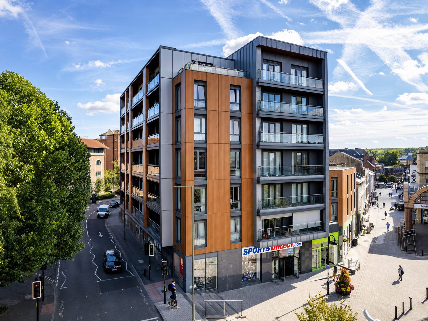 Aerial view over Nobel House's roof terrace towards the rooftops of central Redhill