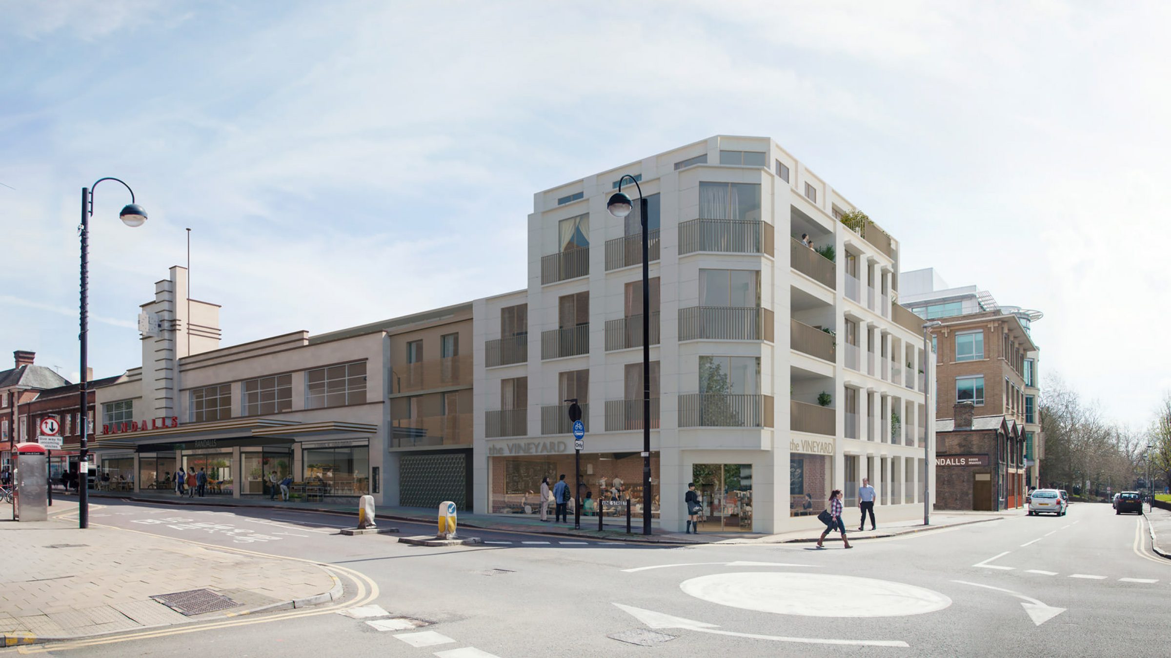 Design visualisation of Charleston House's ceramic granite-clad corner elevation, adjoining the retained Art Deco Randall's frontage on Vine Street, Uxbridge
