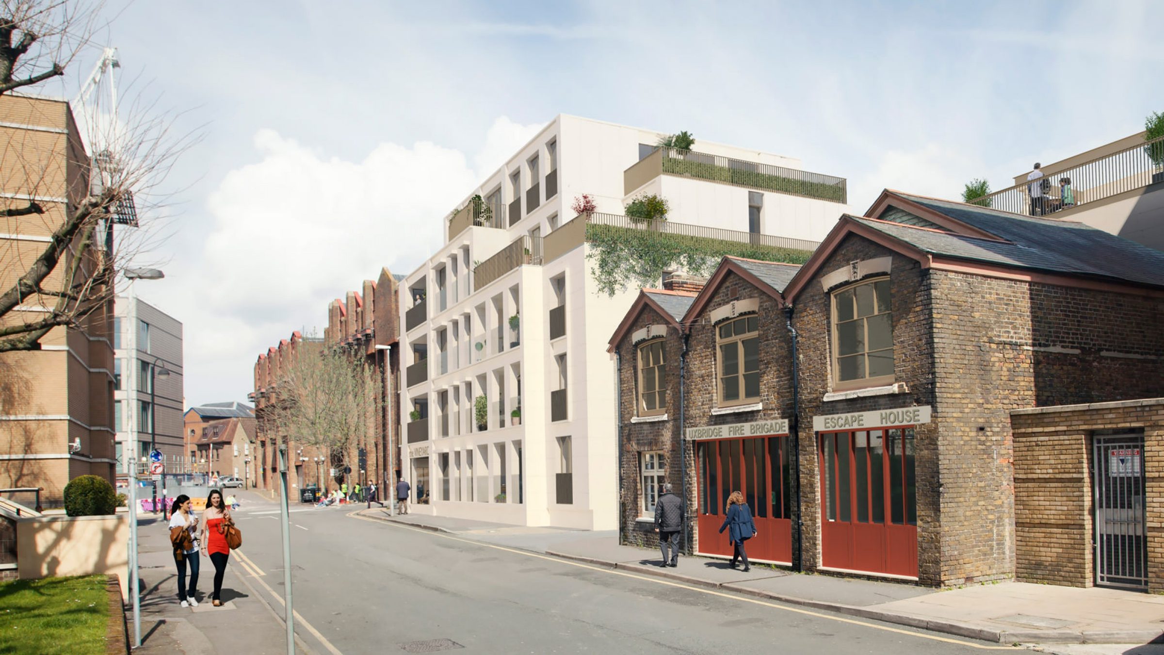 Design visualisation of Charleston House's Vine Street elevation beside the former Uxbridge fire station