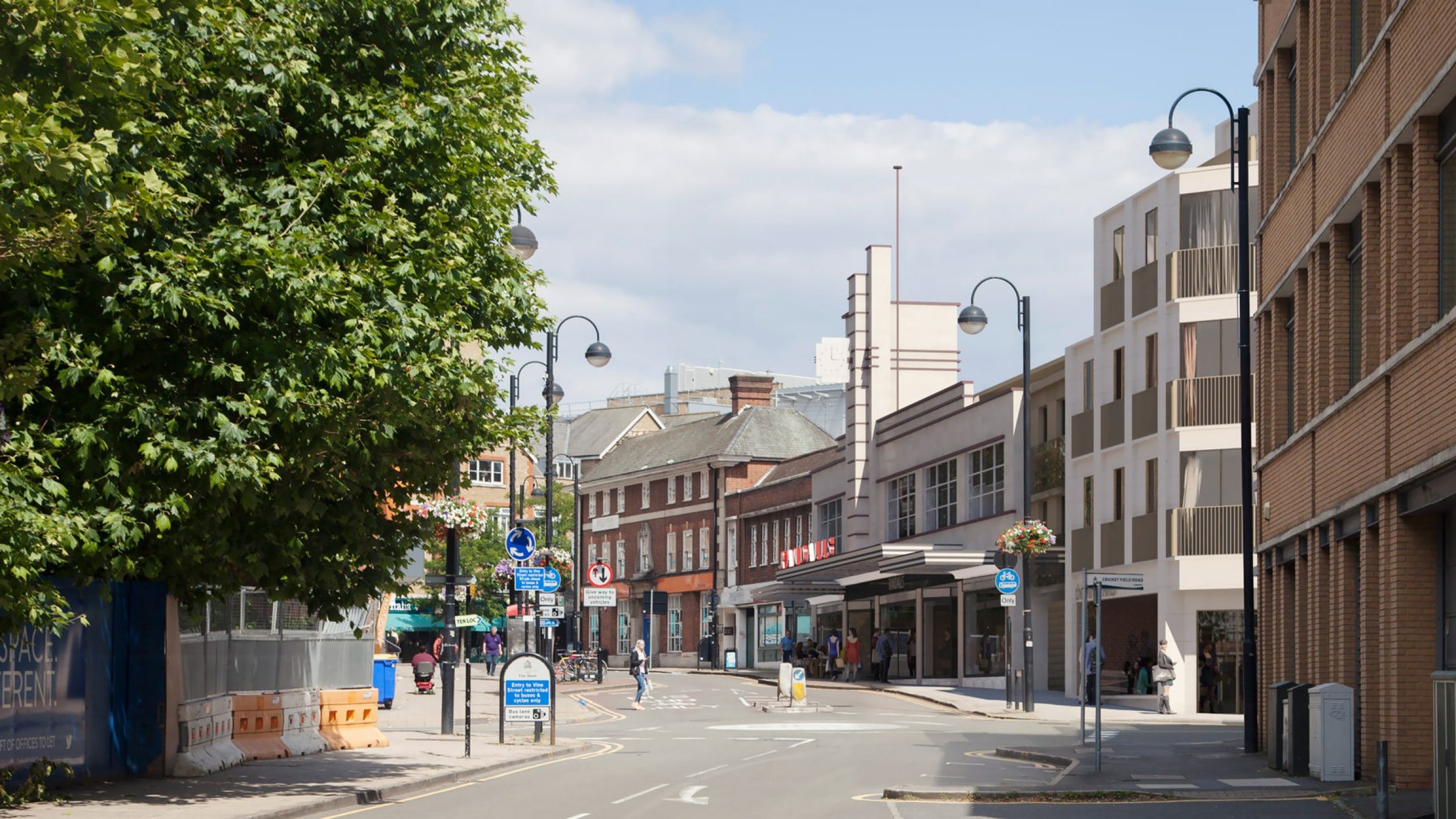 Design visualisation of the Randall's redevelopment seen from the Uxbridge high street, the retained Art Deco frontage in the foreground