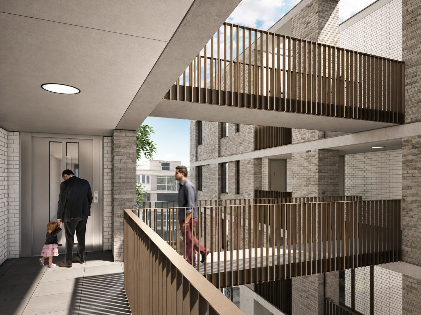 An open access balcony linking Rye Hill Park's homes, its concrete soffit above the lift lobby