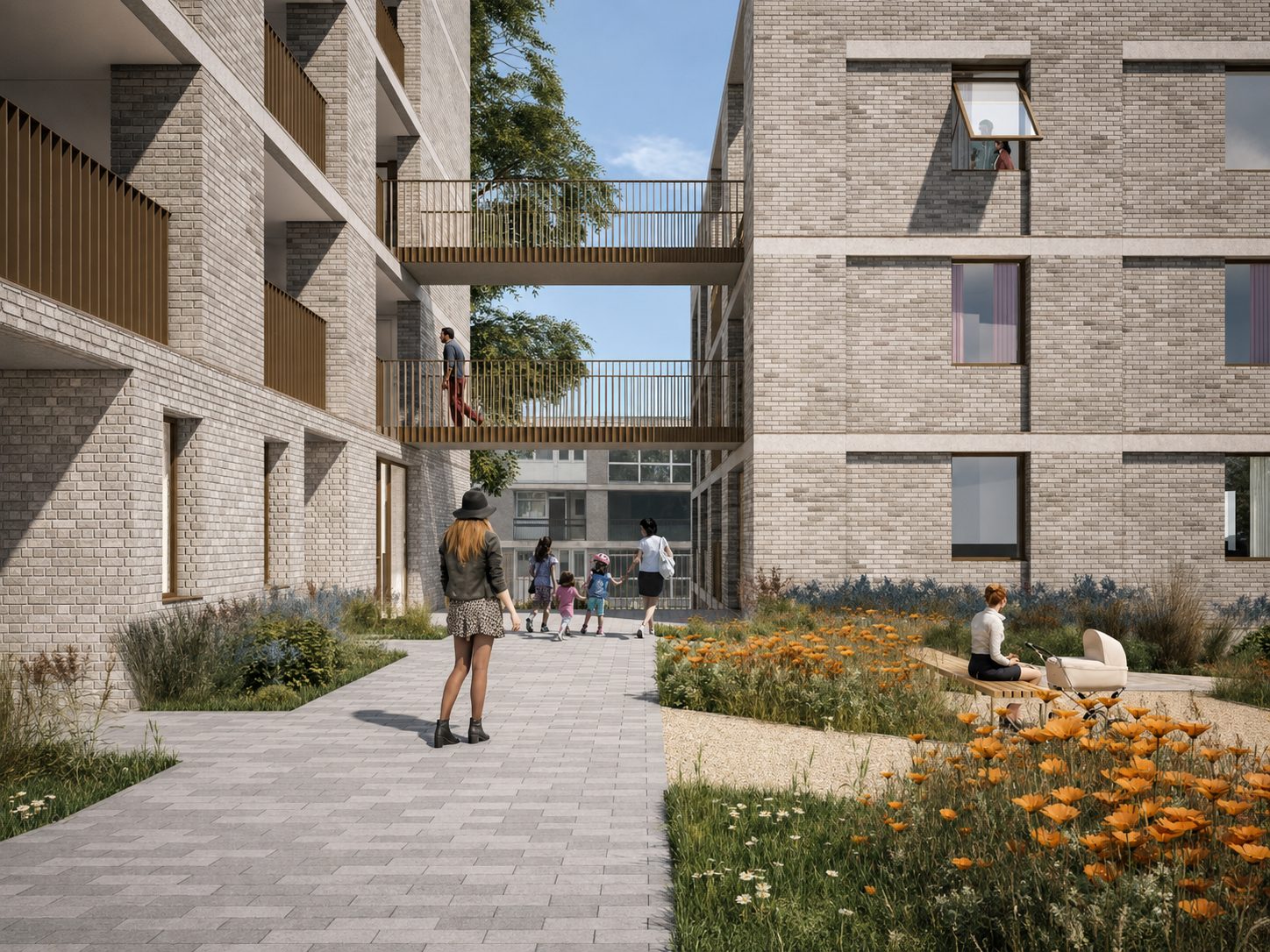 Rye Hill Park's landscaped communal courtyard, residents walking beneath the linking balcony bridge