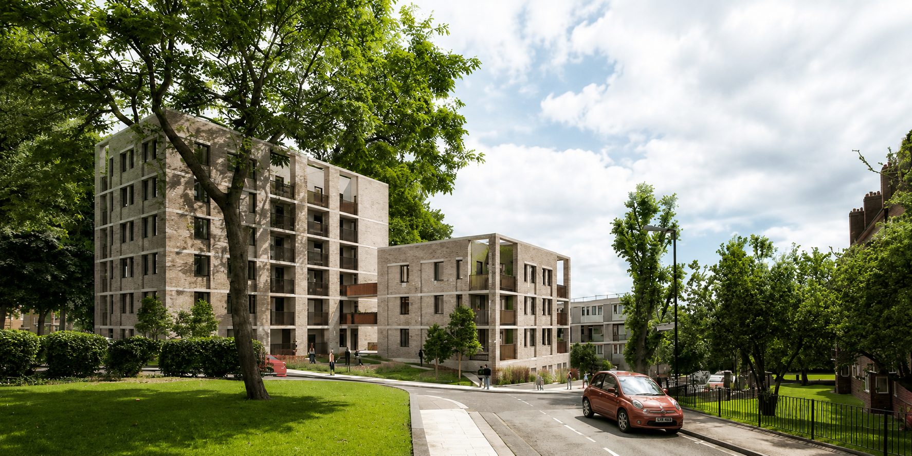 Rye Hill Park's new homes on Rye Hill Park, Peckham Rye, seen from the street with the site's retained mature tree in the foreground