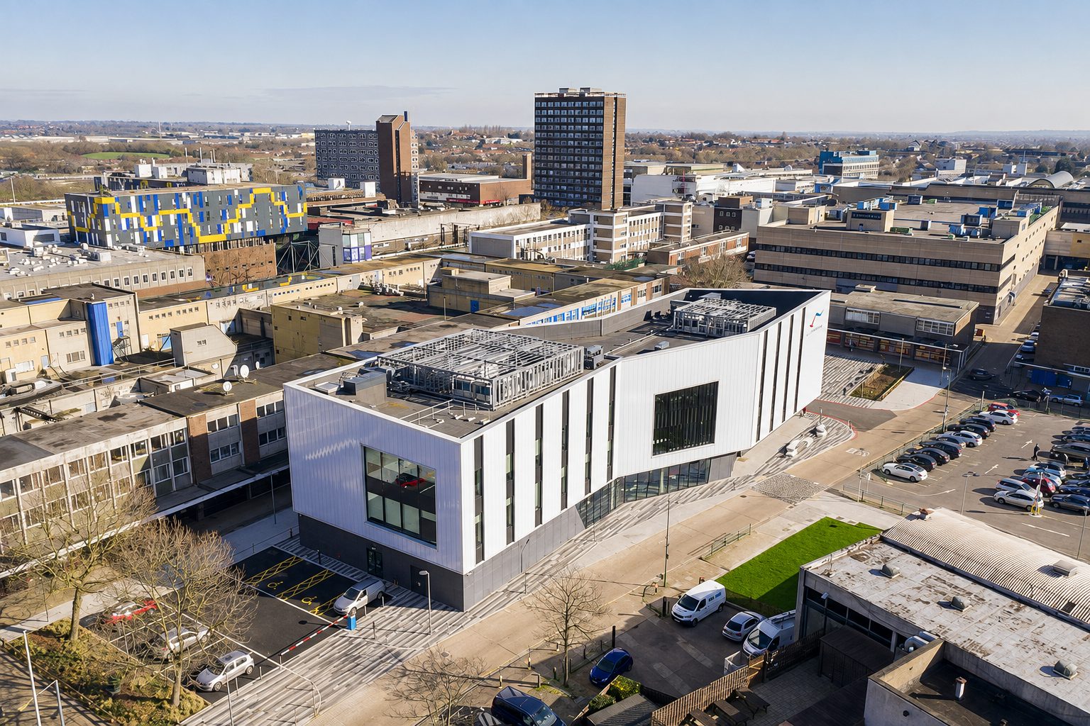 Aerial view of the Centre for Digital Technologies among the surrounding buildings of Basildon town centre