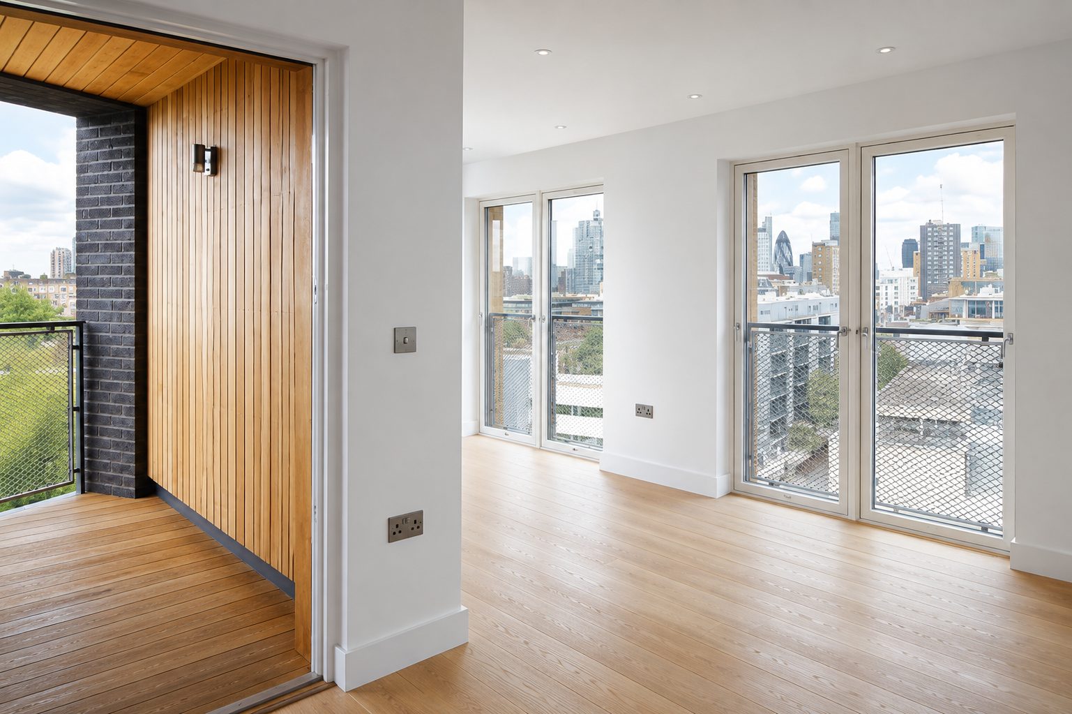Unfurnished living space inside The Cube opening onto a balcony with the London skyline beyond