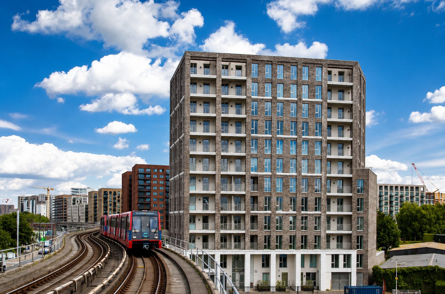 A Docklands Light Railway train approaching The Refinery's brick-clad tower in West Silvertown, London