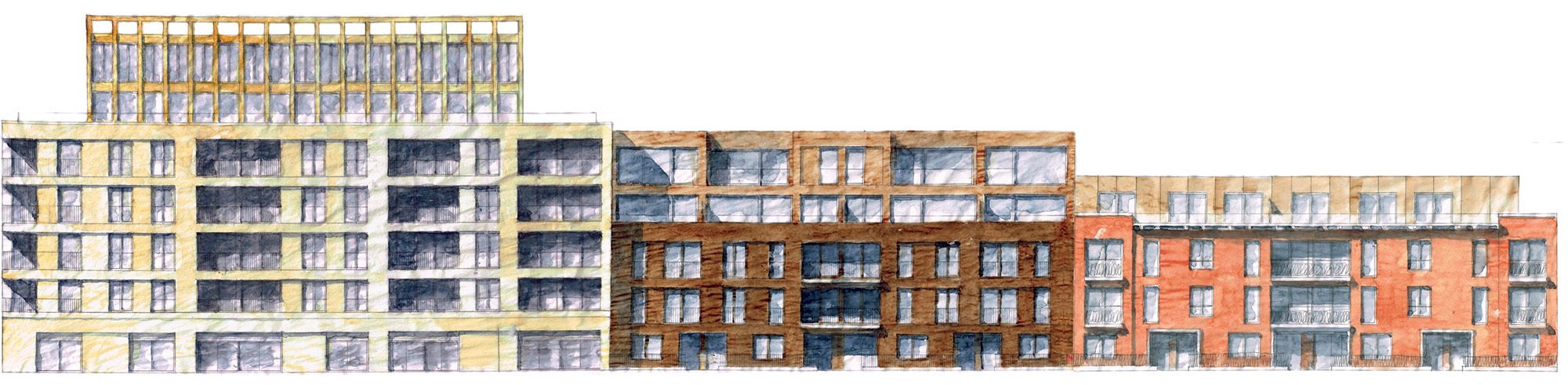 Elevation drawing of Trilogy's three connected blocks, shown in gold, brown-brick and red-brick materials