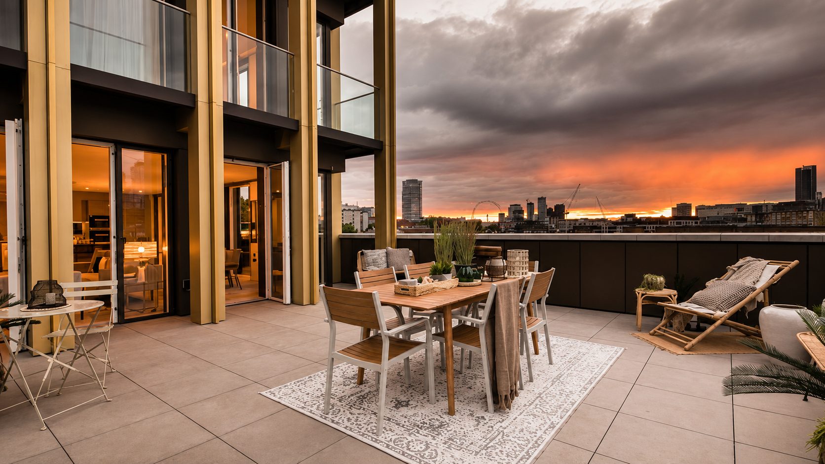 A roof terrace beneath Trilogy's gold anodised aluminium loggia at sunset, dramatic sky over the London skyline