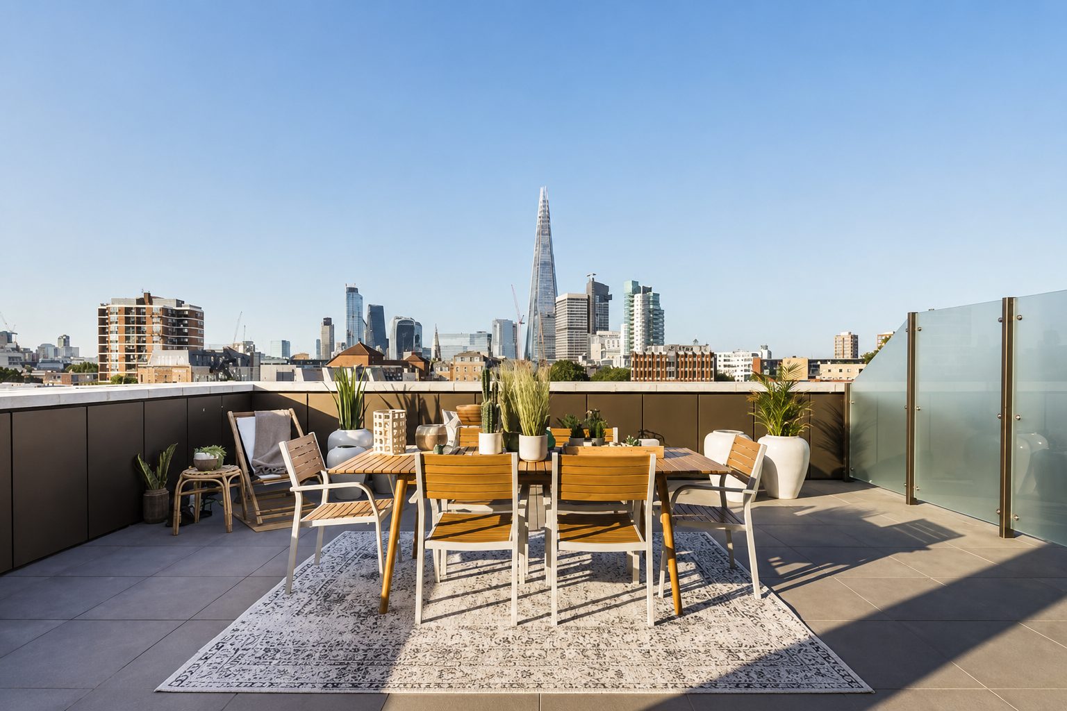 A furnished roof terrace at Trilogy with a dining table, planting and the Shard visible on the skyline